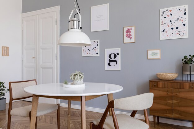 Kreative Komposition aus stilvollem Scandi-Wohnzimmer-Innendesign mit Mock-up-Posterrahmen, Holzkommode, Stuhl, Pflanzen und Accessoires. Neutrale Wände, Parkettboden. Vorlage.