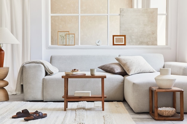 Kreative Komposition aus stilvollem und gemütlichem Wohnzimmer mit Mock-Up-Rahmen, grauem Ecksofa, Fenster, Couchtischen und persönlichen Accessoires. Beige neutrale Farben. Vorlage.