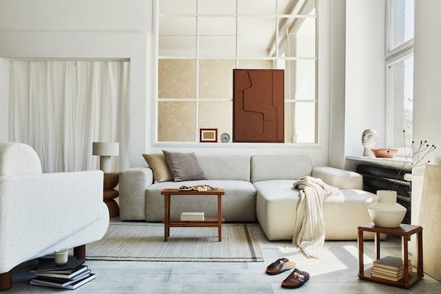 Kreative Komposition aus stilvollem und gemütlichem Wohnzimmer mit Mock-up-Strukturmalerei, grauem Ecksofa, Fenster, Sessel und persönlichen Accessoires. Beige neutrale Farben. Vorlage.