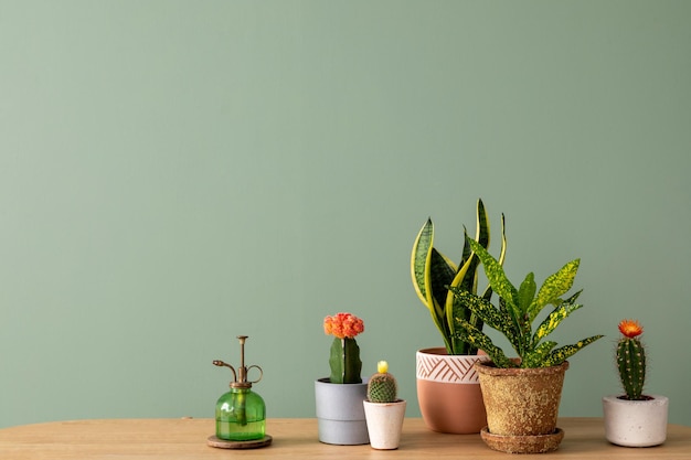 Kreative Komposition botanischer Innenarchitektur mit vielen Pflanzen in klassisch gestalteten Töpfen