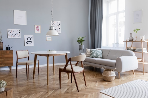 Kreative Komposition der stilvollen skandinavischen Wohnzimmereinrichtung mit Posterrahmen, Sofa, Holzkommode, Stuhl, Pflanzen und Accessoires. Neutrale Wände, Parkettboden.