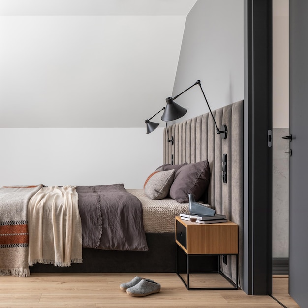 Kreative Komposition des Schlafzimmerinterieurs mit Samtbettregal Designlampe Schlafzimmertextilien und eleganten Accessoires Vorlage Minimalistische Wohnkultur