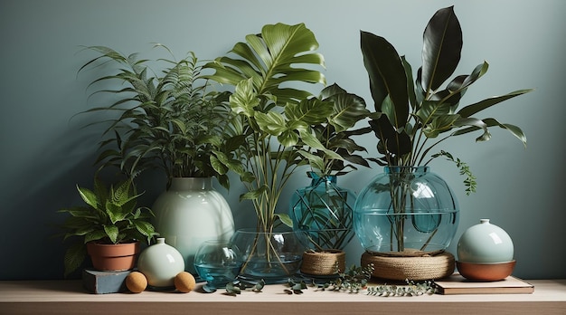 Kreative Komposition von botanischem Innenarchitektur mit vielen Pflanzen in klassisch gestalteten Töpfen