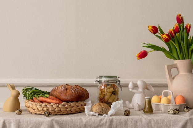 Kreative Komposition von Oster-Wohnzimmerinnenraum mit Brotkorb-Karottenvase mit Frühlingstulpen Osterhasen-Skulptur bunte Ostereier und persönliche Accessoires Wohnkultur-Vorlage