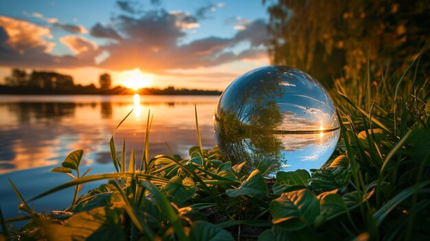 kreative Kristallkugelfotografie eines Sees mit Grün im Morgengrauen, erzeugt von AI