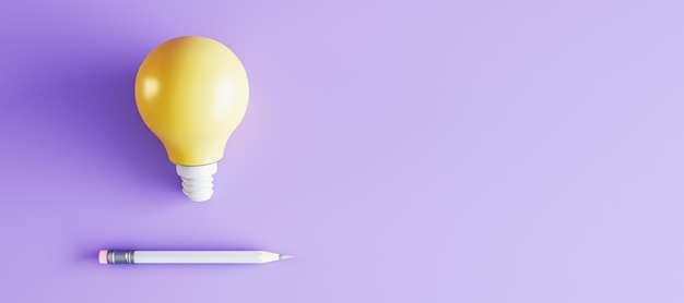 Kreative Lampe und Bleistift auf breitem violettem Hintergrund mit nachgebildeter Platzidee und Innovationskonzept 3D-Rendering