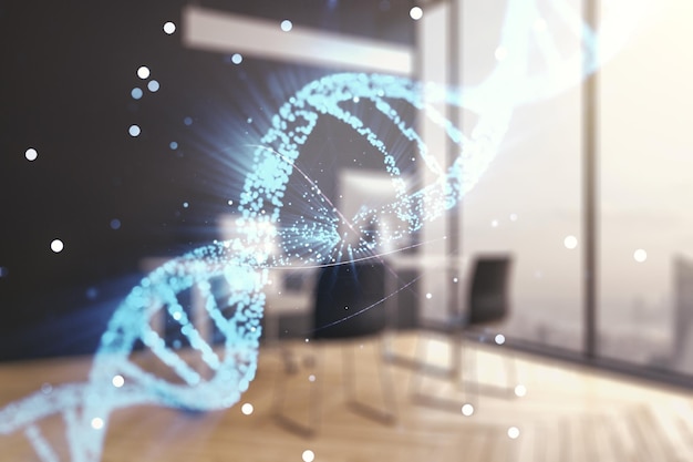 Kreative Licht-DNA-Illustration und moderner Desktop mit PC auf dem Hintergrund Wissenschaft und Biologie Konzept Mehrfachbelichtung