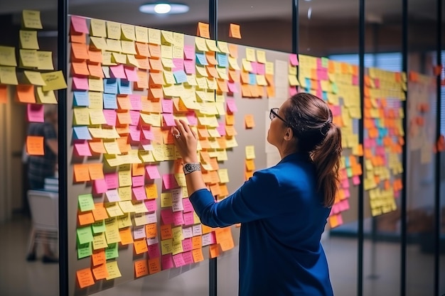 Foto kreative menschen denken und treffen sich zur zeitplanung, zum brainstorming oder zur teamstrategie im büro. mann und frau bei teamarbeiten, entscheidungen für projektplantaufgaben oder sticky-note-ideen im startup.