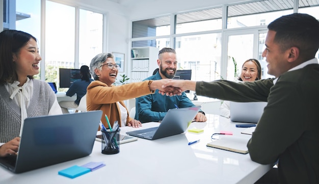 Kreative Menschen schütteln sich im Büro die Hände und treffen sich im Rahmen einer Einstellungspartnerschaft oder einer Geschäftsvereinbarung. Eine Gruppe von Mitarbeitern schüttelt sich am Arbeitsplatz die Hand, um Unternehmenswachstum oder Startups zu rekrutieren