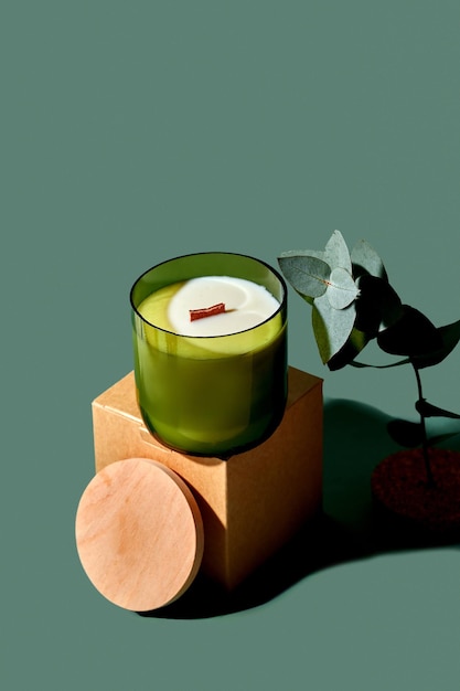 Kreative minimalistische Komposition mit einer Kerze mit Eukalyptus auf grünem Hintergrund