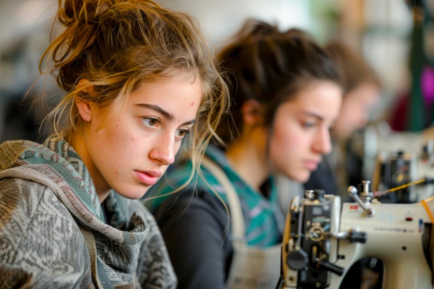 Kreative Modedesign-Studenten nähen nahtlos im Studio