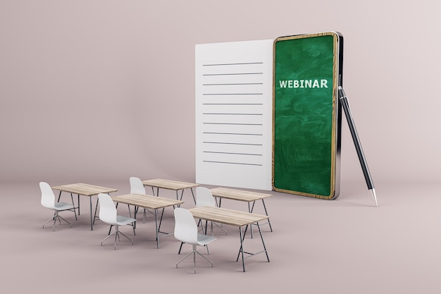 Kreative Online-Klassenzimmereinrichtung mit Stühlen, Tischen und abstraktem Kreidetafel-Notizblock-Smartphone auf hellem Hintergrund Online-Bildung und Webinar-Konzept 3D-Rendering