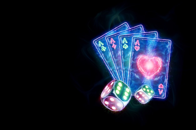 Kreative Pokervorlage, Neonspielkarten entwerfen und einen dunklen Hintergrund würfeln. Casino-Konzept, Glücksspiel, Header für die Site. Kopieren Sie Platz, 3D-Darstellung, 3D-Rendering.