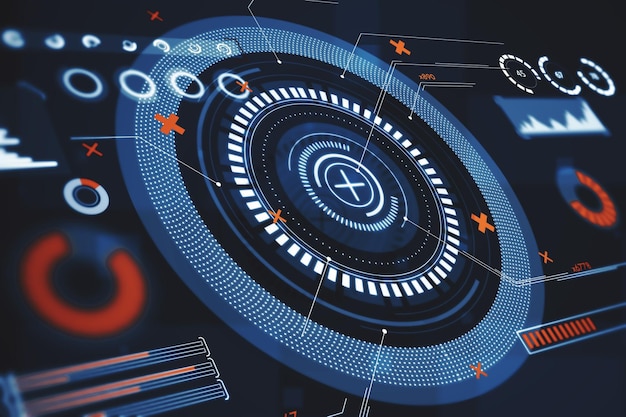 Kreative runde Schnittstelle mit rotem Kreuz Hud Zukunftssicherheit und Cyberangriff Konzept 3D-Rendering