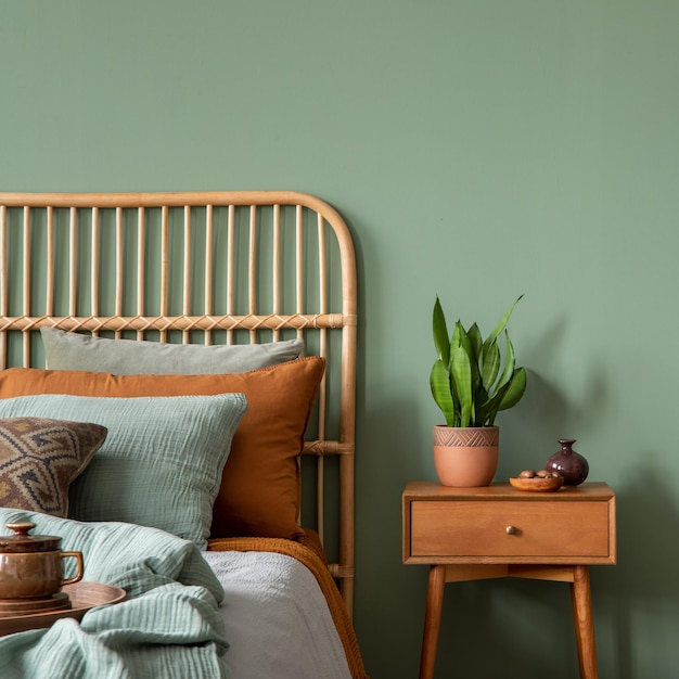Kreative Schlafzimmer-Interior-Komposition mit Boho-Stil Bett Nachttisch Hausdekoration