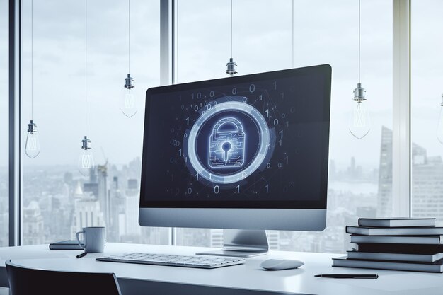 Kreative Schlossskizze mit Chip-Hologramm auf einem modernen Computermonitor Schutz von personenbezogenen Daten Konzept 3D-Rendering