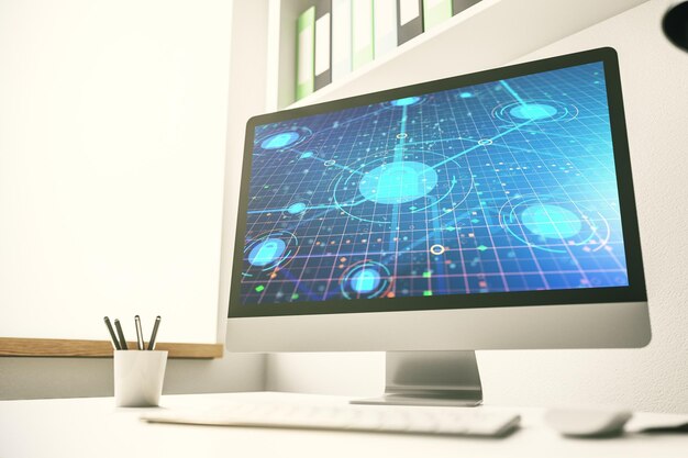 Kreative Schlossskizze mit Chip-Hologramm auf modernem Computermonitor Schutz des Konzepts für persönliche Daten 3D-Rendering
