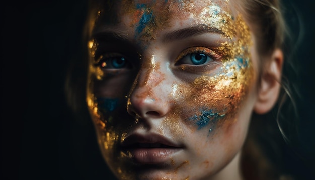Kreative Schönheit Ein Porträt einer jungen Frau mit von KI generierter Gesichtsbemalung