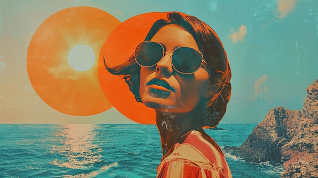 Kreative Sommercollage eines Mädchens auf einem abstrakten sonnigen Hintergrund Sommerkonzept