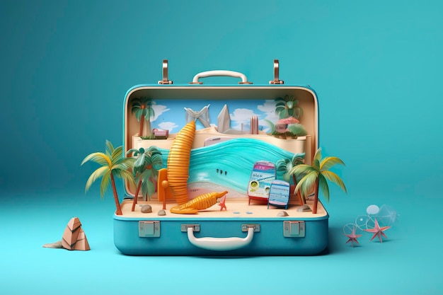 Kreative Sommerstrandkomposition im Koffer auf blauem Hintergrund Eine Reisekonzeptidee in 3D-Rendering AI Generativ