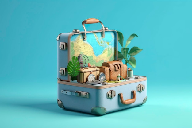 Kreative Sommerstrandkomposition in Koffer auf blauem Hintergrund Eine Reise-Konzeptidee in 3D-Rendering AI Generative