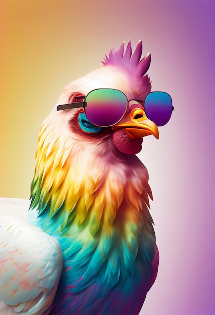 Kreative Tierkomposition Huhn mit Sonnenbrille, Brille, isoliert, pastellfarbener Farbverlaufshintergrund mit Textkopierraum, Ai generieren