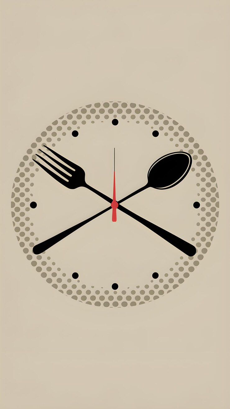 Foto kreative uhr mit gabel- und löffelzeigen, gestrichelter kreis, hintergrund, mahlzeitsthema