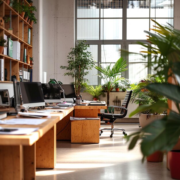 Kreative Umgebung Designer bei der Arbeit in einem Büro mit Holzmöbeln für soziale Medien Postgröße