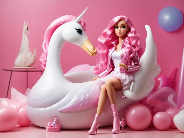 Foto kreative zusammensetzung einer barbie-puppe mit rosa haaren und schwan-einhorn aufblasbarem spielzeug