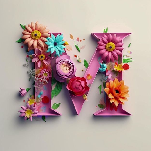 Kreativer Buchstabe M mit Blumen und Blättern 3D-Rendering