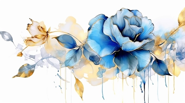 Kreativer Designhintergrund mit blauer Rosenblume und goldener generativer KI