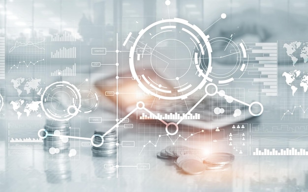 Kreativer digitaler abstrakter Hintergrund der Geschäftsschnittstelle Finanzdiagrammdiagramm und Symbol auf dem virtuellen Bildschirm Doppelbelichtung