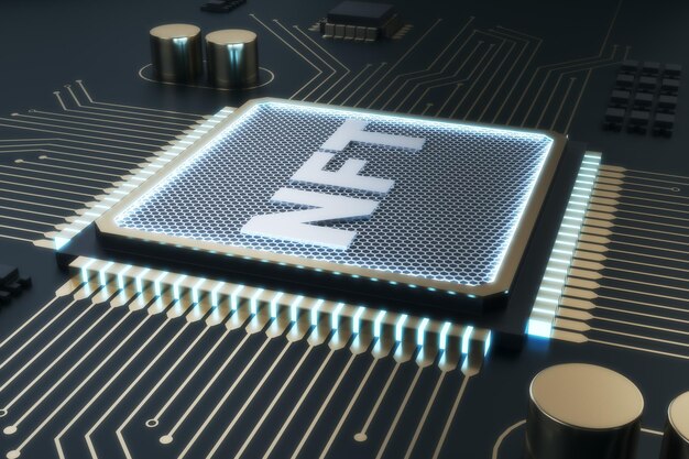 Kreativer glänzender nft-Chip auf grauem Hintergrund Nicht fungibles Token und Hardwarekonzept 3D-Rendering