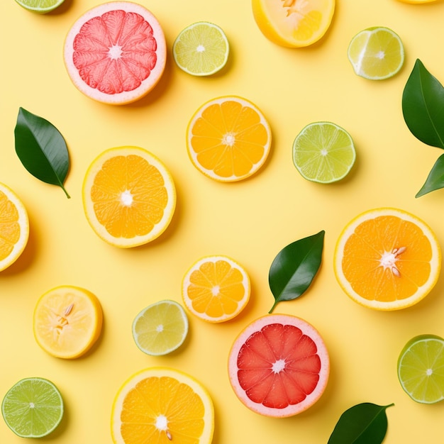 Kreativer Hintergrund aus tropischen Sommerfrüchten mit Blättern Grapefruit-Orange Generative Ai