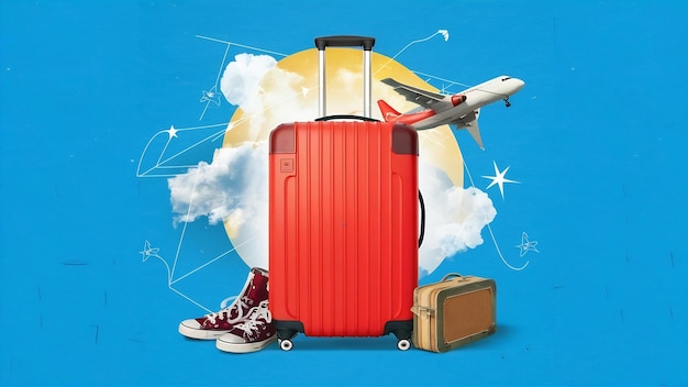 Kreativer Hintergrund roter Koffer Sneakers Flugzeug auf blauem Hintergrund