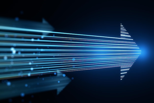 Kreativer leuchtender digitaler Pfeil aus blauen Technologielinien auf dunkler Tapete Markttechnologie und Top-Konzept 3D-Rendering