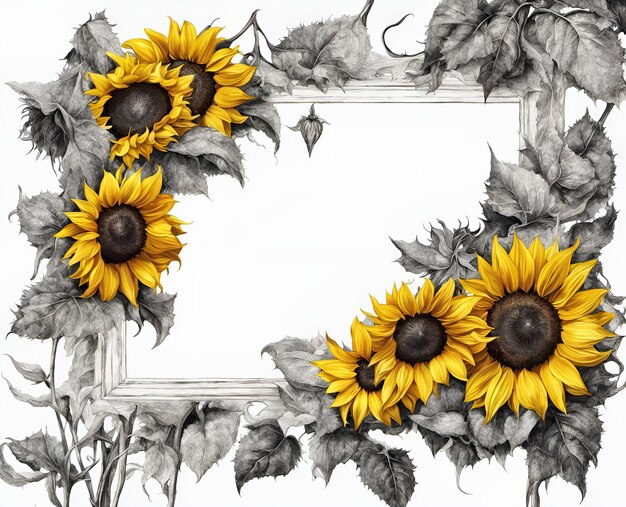 Kreativer Rahmen mit Sonnenblumenblüten und Blättern verziert