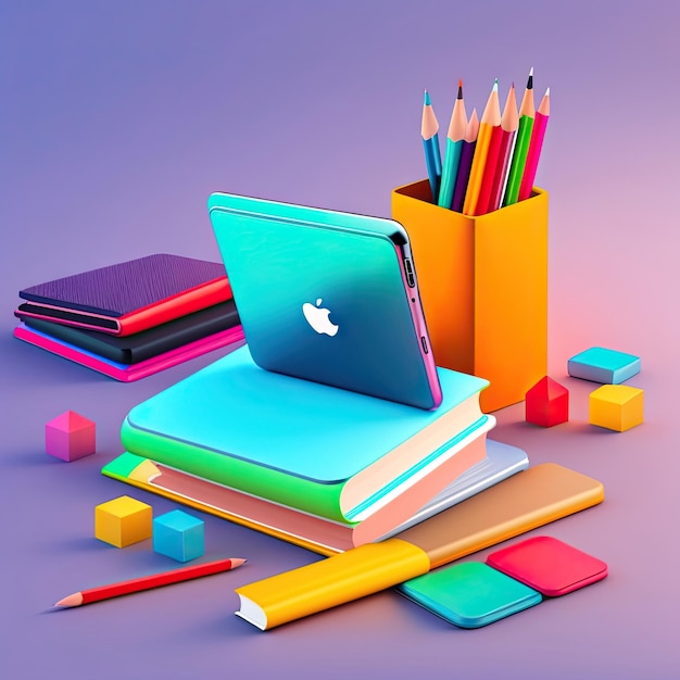 Kreativer Schreibtisch mit Notebook-Schreibtischobjekten, Bürobedarf, Büchern auf hellem Hintergrund