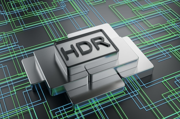 Kreativer silberner HDR-Chip auf technischem Hintergrund Ultra-Auflösungskonzept 3D-Rendering