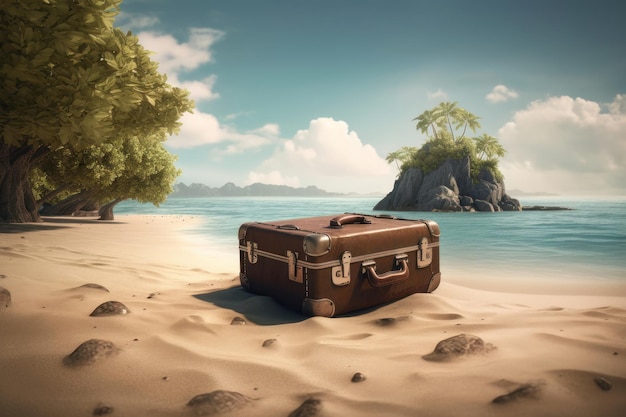 Kreativer Sommerstrand mit riesigem Koffer auf KI-generierter Insel