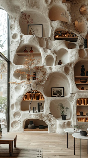 Kreativer Wandgarten Einzigartige Vase und Pflanzentöpfe in kleinen Löchern, die eine weiße Wand schmücken