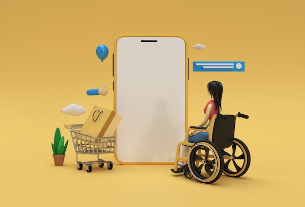 Kreatives 3D-Render-Mobile-Online-Shopping-Mockup mit Frau im Rollstuhl-Webbanner, Marketingmaterial, Präsentation, Online-Werbung.