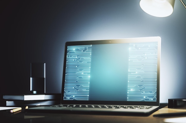 Kreatives abstraktes Mikrochip-Hologramm auf einem modernen Computermonitor künstliche Intelligenz und maschinelles Lernen Konzept 3D-Rendering