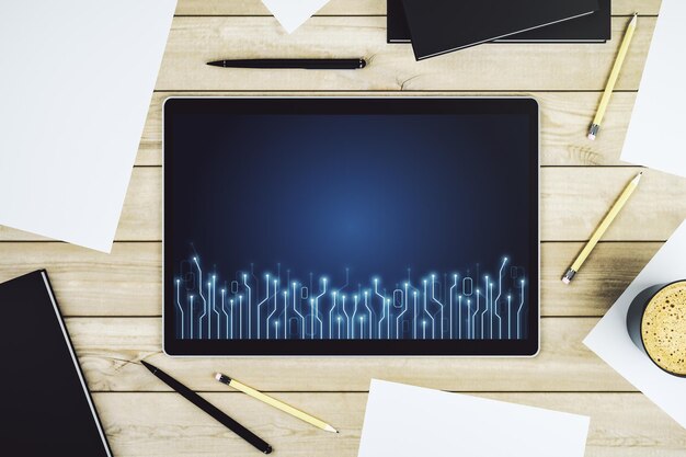 Kreatives abstraktes Mikrochip-Hologramm auf modernem digitalem Tablet-Display, künstliche Intelligenz und maschinelles Lernkonzept, Draufsicht, 3D-Rendering