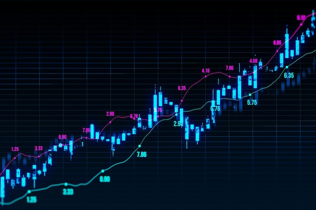Kreatives aufwärts leuchtendes Kerzenstempel Forex-Diagramm auf dunklem Gitterhintergrund Handelsfinanzierung und Geldkonzept 3D-Rendering