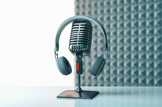 Kreatives Bild mit Mikrofon und Mockup auf grauem Tapeten Podcast-Werbung und Voiceover-Konzept 3D-Rendering