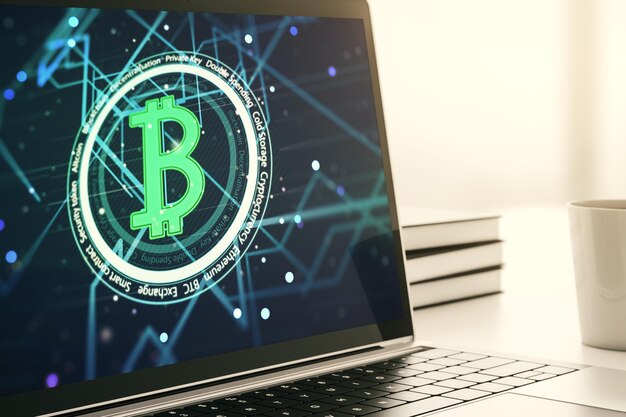 Kreatives Bitcoin-Konzept auf modernem Computermonitor 3D-Rendering