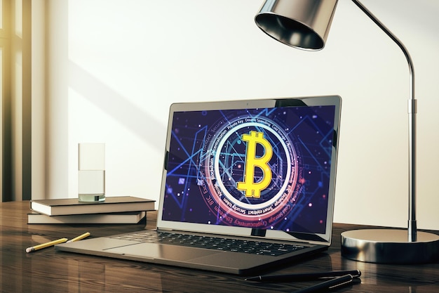 Kreatives Bitcoin-Konzept auf modernem Laptop-Bildschirm 3D-Rendering