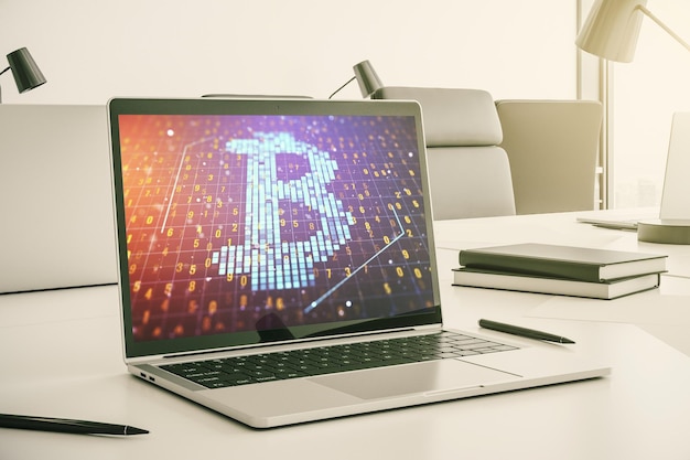 Kreatives Bitcoin-Konzept auf modernem Laptop-Bildschirm 3D-Rendering
