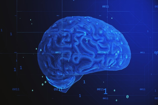Kreatives blaues Gehirn-Hologramm auf verschwommenem Hintergrund Neurologie Anatomie ai und maschinelles Lernkonzept 3D-Rendering